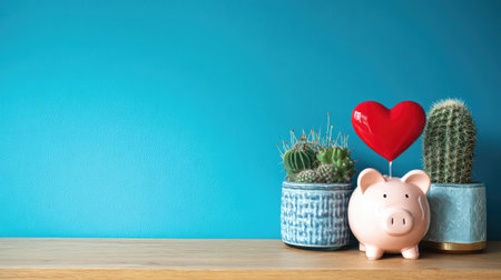 A charming piggy bank topped with a bright red heart sits beside succulent plants against a bold blue wall, symbolizing love for savings and a modern home aesthetic.の素材