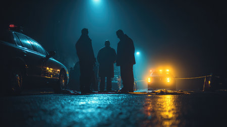 A tense nighttime investigation scene with silhouetted figures and illuminated police vehicles creates an atmosphere of suspense and intrigue, evoking mystery and drama.の素材