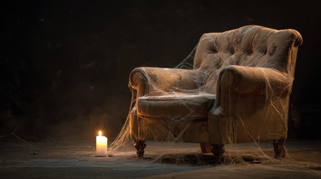 A vintage armchair enveloped in cobwebs, illuminated by a flickering candle creates a haunting yet beautiful atmosphere, perfect for evoking themes of neglect and mystery.の素材