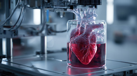 A detailed depiction of a heart submerged in red fluid inside a glass container, illustrating cutting-edge advancements in medical research and technology.の素材