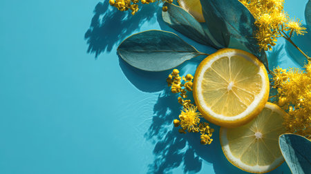 Bright lemon slices alongside green leaves and yellow flowers create a colorful, fresh composition perfect for food styling, creative projects, and summer themes.の素材