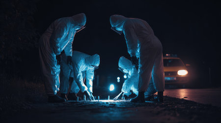 A group of investigators dressed in protective suits closely examines evidence at a crime scene under dim lighting, emphasizing their dedication to safety and accuracy in forensic analysis.の素材