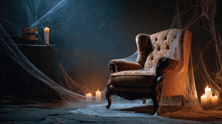Discover a captivating vintage armchair enveloped in cobwebs and candles, creating a haunting atmosphere ideal for Halloween events and themed decor settings.の素材