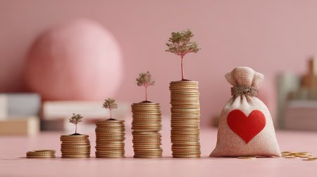 A conceptual image showcasing the growth of wealth through stacks of coins topped with small trees, symbolizing prosperity and love for nature in a soft pastel backdrop.の素材