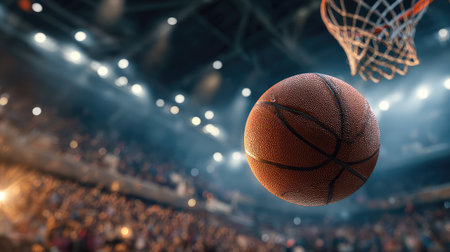 Captivating image of a basketball soaring through the air, with a vibrant crowd in a well-lit sports arena, showcasing the electric atmosphere of an intense game.の素材