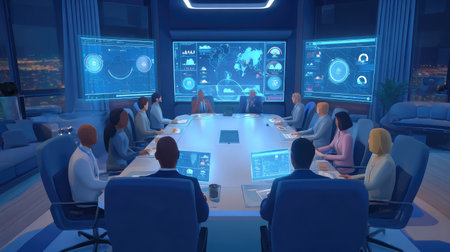 Engaged team holds a modern meeting in a high-tech conference room with interactive displays showing data, emphasizing collaboration and strategic planning.の素材