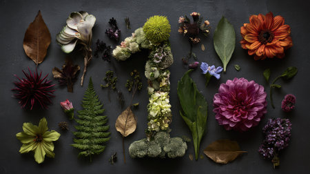 A captivating arrangement of fresh flowers and leaves forming the number one, perfect for seasonal celebrations, nature themes, or creative design projects, showcasing diverse colors and textures.の素材