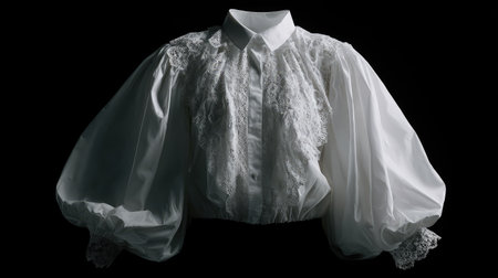 This elegant white blouse showcases puff sleeves and intricate lace detailing, embodying contemporary fashion with a blend of sophistication and modern trends.の素材