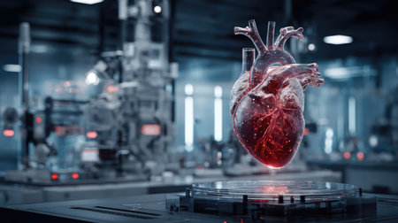 This striking image showcases a detailed heart model in a modern laboratory, emphasizing biological structures and stunning luminous effects for educational or medical visualization.の素材