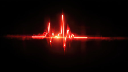 A striking red waveform on a black background symbolizes heartbeat and medical monitoring, ideal for concepts in health, technology, and emergency response settings.の素材