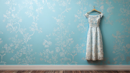 This beautiful blue lace dress hangs gracefully against a floral wallpaper, creating a charming and elegant atmosphere perfect for fashion and interior design inspiration.の素材