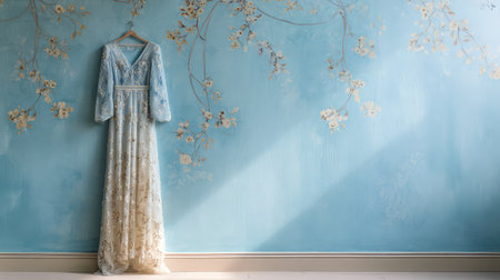 A beautiful lace dress hangs gracefully against a calming blue wall with floral designs, creating a serene and elegant atmosphere perfect for romantic and vintage-themed decor.の素材