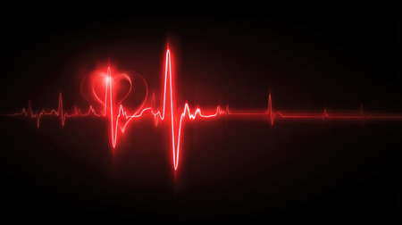 A striking red heartbeat line against a deep black background, representing love and life, ideal for health and wellness themes in various creative projects.の素材