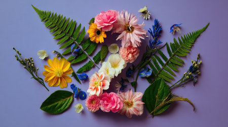 A creative floral arrangement featuring vibrant flowers and lush fern leaves, forming the number two against a soft purple backdrop. Ideal for nature-inspired projects and designs.の素材