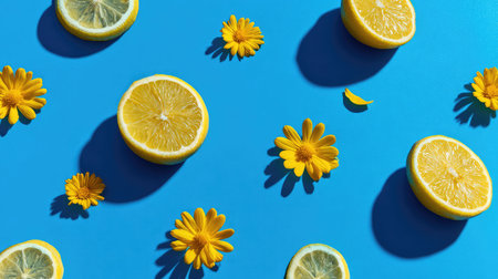 Vibrant composition featuring fresh lemon slices and cheerful yellow flowers on a blue background, perfect for food styling or nature-themed projects.の素材