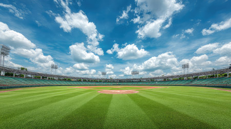 A stunning view of a baseball stadium showcasing vibrant green grass and a dramatic sky filled with fluffy clouds, ideal for promoting sports and outdoor activities.の素材