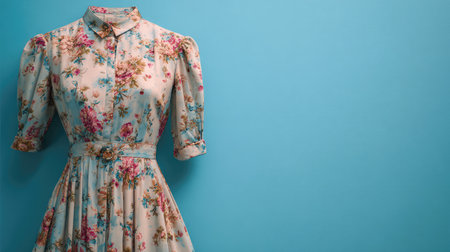 A beautiful floral dress displayed against a vibrant blue background, showcasing a vintage design with buttons and delicate patterns, perfect for fashion inspiration and stylish applications.の素材