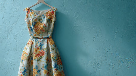 A beautiful floral dress is elegantly displayed on a hanger against a textured blue wall, showcasing vibrant colors and a timeless vintage design ideal for fashion imagery.の素材