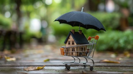 A creative composition featuring a miniature house under a tiny umbrella in a shopping cart, set against a lush outdoor background. Perfect for concepts of housing and insurance.の素材