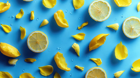 A lively arrangement of lemon slices and yellow petals on a blue background, creating a fresh and cheerful vibe ideal for food photography and design projects.の素材