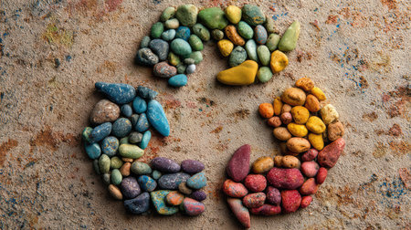 A vibrant arrangement of colorful pebbles forms a recycling symbol on a textured surface, showcasing creativity and emphasizing concepts of sustainability and environmental awareness.の素材