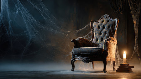 Explore a hauntingly beautiful vintage chair enveloped in cobwebs, illuminated by a flickering candle, capturing the essence of abandonment and eerie stillness in a dimly lit room.の素材