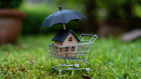 This creative image features a miniature house with an umbrella in a shopping cart on green grass, representing home security and thoughtful investment strategies for property protection.の素材