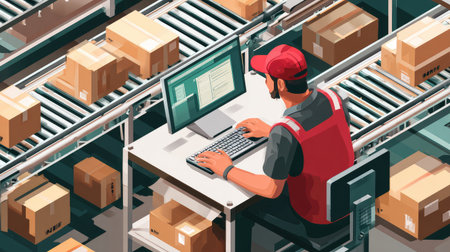 A warehouse worker sits at a desk using a computer to manage inventory and coordinate logistics in a busy distribution center filled with boxes.の素材