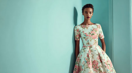 A sophisticated fashion portrait featuring a woman in a beautiful floral dress, standing gracefully against a turquoise wall, capturing elegance and modern style in a vivid setting.の素材