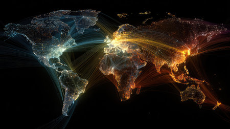 This digital artwork showcases an illuminated world map depicting network connections and data flow, highlighting global communication in a visually striking manner.の素材