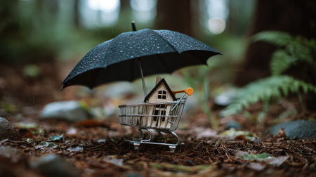 A unique conceptual image illustrating a small house under an umbrella within a shopping cart, highlighting themes of protection and investment amidst a serene forest setting.の素材