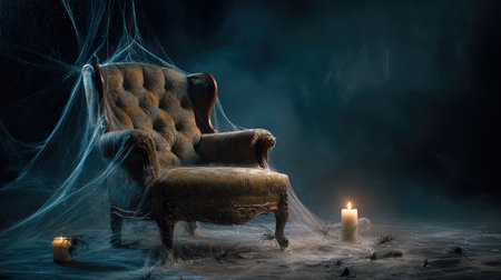 An eerie vintage armchair enveloped in cobwebs and illuminated by flickering candles creates a haunting setting, perfect for Halloween or spooky-themed projects.の素材
