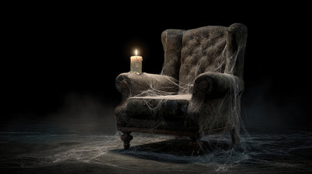 This image showcases an abandoned armchair draped in cobwebs, illuminated by a flickering candle, creating an eerie and mysterious ambiance perfect for Halloween-themed decor.の素材
