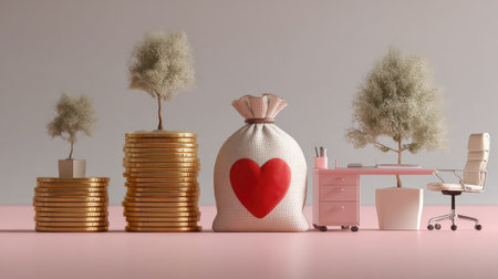 A creative depiction of financial growth and personal fulfillment featuring coins, a love-themed bag, and a modern office setup, all enveloped in a serene aesthetic.の素材