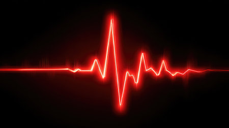 This striking image features a vibrant red heartbeat line set against a dark background, symbolizing the crucial elements of medical monitoring and health data analysis.の素材