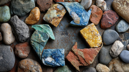 A unique arrangement of colorful stones forms a recycling symbol on a textured surface, symbolizing sustainability and a connection to nature in artistic representation.の素材
