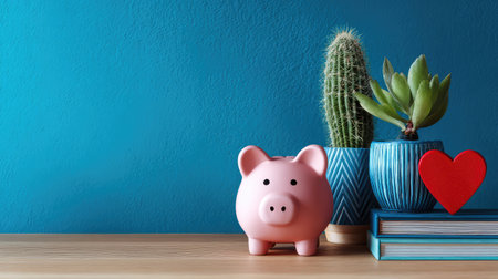 Charming scene featuring a pink piggy bank, cacti, and succulent plants on a wooden surface with a turquoise backdrop, symbolizing modern savings and home decor creativity.の素材
