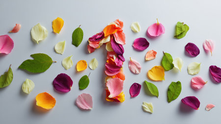 An elegant display of colorful flower petals and green leaves arranged on a soft gray background, ideal for artistic projects, designs, and nature themes.の素材