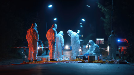 A team of forensic investigators in protective gear working meticulously at a crime scene during the night, showcasing their dedication to uncovering evidence under dim streetlights.の素材