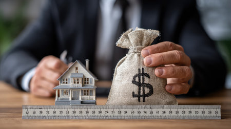 A visual representation of real estate investment, featuring a miniature house alongside a money bag, symbolizing the potential for financial growth and smart property investments.の素材
