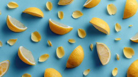 A captivating arrangement of fresh lemon slices and petals on a soft blue background, perfect for adding a pop of color to culinary or lifestyle projects.の素材