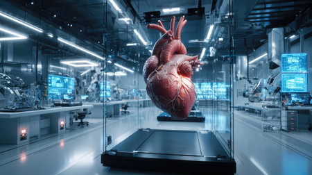 This striking image showcases a detailed heart model in a high-tech laboratory, featuring advanced technology and a clean, modern environment ideal for medical research and education.の素材