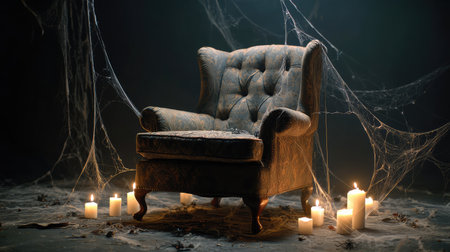 A vintage armchair covered in dust sits amidst flickering candles and cobwebs, evoking an eerie ambiance and perfect for Halloween or spooky-themed projects.の素材