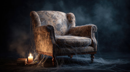 An abandoned armchair shrouded in cobwebs, paired with a flickering candle, evokes a mysterious and eerie ambiance perfect for storytelling or thematic photography.の素材