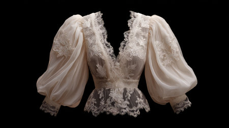 This stunning vintage lace blouse features puffy sleeves and intricate embroidery, perfect for fashion shoots, editorial work, or creative projects in the fashion industry.の素材