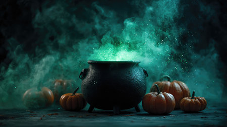 A captivating black cauldron emits green smoke, surrounded by vibrant orange pumpkins, creating a mystical Halloween atmosphere perfect for autumn-themed stock imagery.の素材
