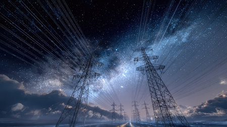 This image captures the stunning interplay between power lines and an expansive starry sky, showcasing a unique blend of nature and technology.の素材