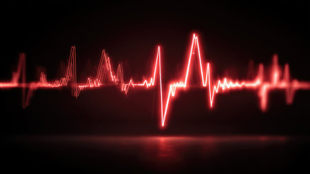 This image showcases a vivid red heartbeat waveform, emphasizing the connection between technology and health. Ideal for projects related to wellness and medical innovation.の素材