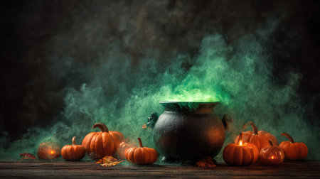 Capture the essence of Halloween with a captivating image of a cauldron surrounded by pumpkins and swirling green smoke, perfect for festive celebrations and themed events.の素材