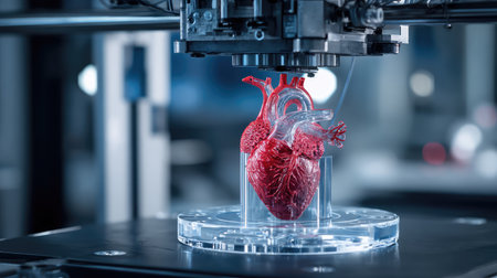 This image features a cutting-edge 3D printer creating a detailed heart model, highlighting the intersection of technology and healthcare innovation for educational purposes and medical advancements.の素材